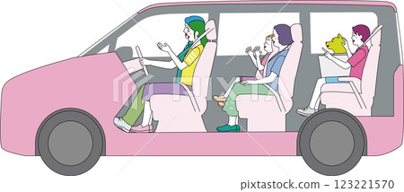 A side view of the interior of a minivan. A family is smiling and enjoying a drive. 123221570