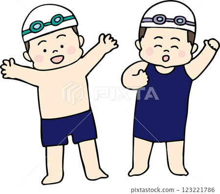 男孩和女孩穿著學校泳衣的插圖 123221786