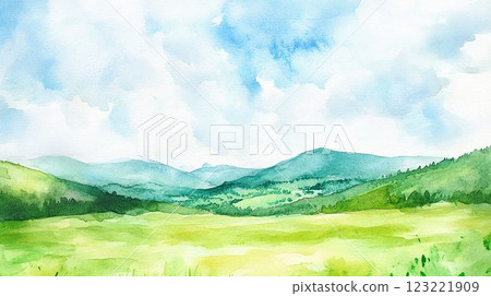 Beautiful green hills and blue sky landscape in watercolor style 123221909