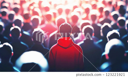 A red hooded figure stands out in a crowd 123221921