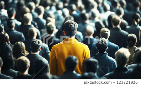 A person in a yellow jacket stands out in a crowd 123221926