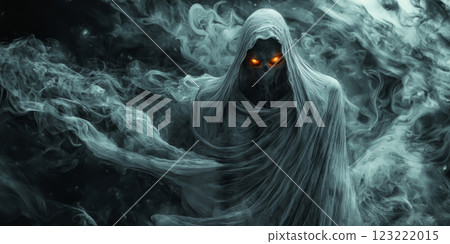 Dark fantasy ghost with glowing eyes, white shroud trailing into swirling black mist 123222015