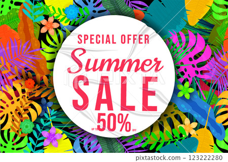 Summer Sale Template background colorful tropical plants, flowers and leaves 123222280
