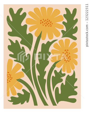 Yellow dandelion flowers with green leaves on a soft peach background. Flower poster for wall art for home decoration. Hand drawn vector illustration. Yellow dandelion flowers with green leaves on a soft peach background. Flower poster for wall art for home decoration. Hand drawn vector illustration. 123222311