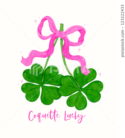 Coquette St Patricks Day Retro four Leaf Clover with Pink Bow Girly Lucky Whimsical watercolor vector 123222433