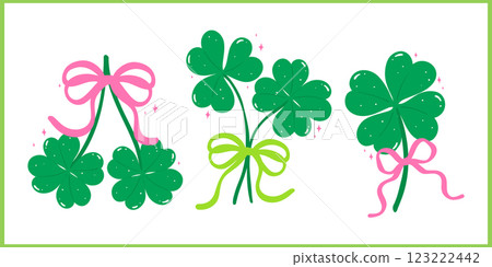 Set of Coquette St Patricks Day 4 Leaf Clover with Bow Retro Girly Whimsical Banner 123222442