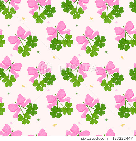 Coquette Seamless Pattern St Patrick Four Leaf Clover with pink bow watercolor 123222447
