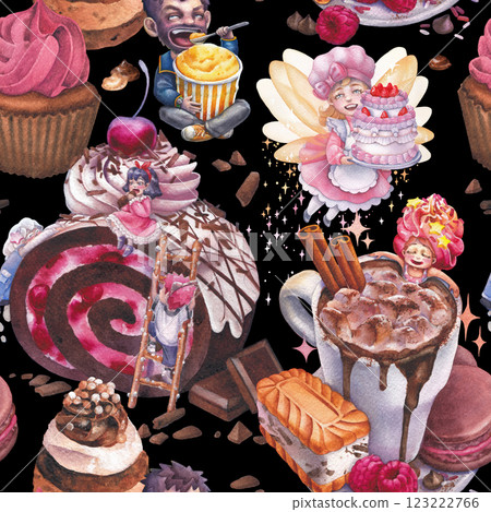 Seamless watercolor pattern of cute little sweet tooth characters and various giant desserts Seamless watercolor pattern of cute little sweet tooth characters and various giant desserts 123222766