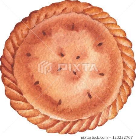 A traditional watercolor closed round pie isolated on a white background A traditional watercolor closed round pie isolated on a white background 123222767