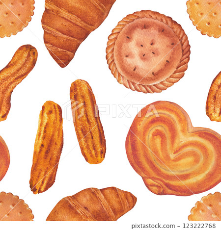 Seamless watercolor pattern of various sweet baked goods, such as pancakes, buns, churros, cookies, pies, croissants Seamless watercolor pattern of various sweet baked goods, such as pancakes, buns, churros, cookies, pies, croissants 123222768