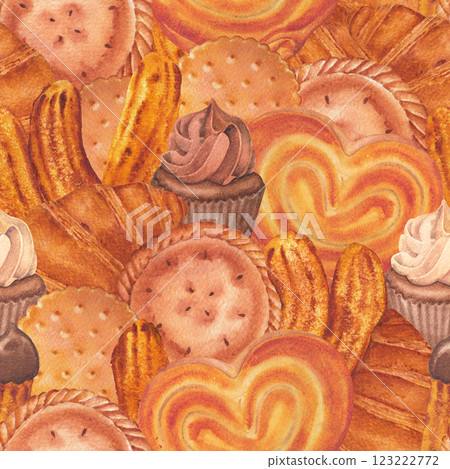 Seamless watercolor pattern of various sweet baked goods, such as pancakes, buns, churros, cookies, pies, croissants 123222772