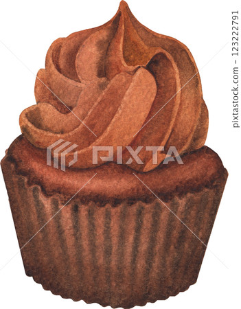 A traditional watercolor cupcake with a whipped cream isolated on a white background 123222791