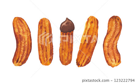 Watercolor collection of a fresh sugar churros isolated on a white background. 123222794