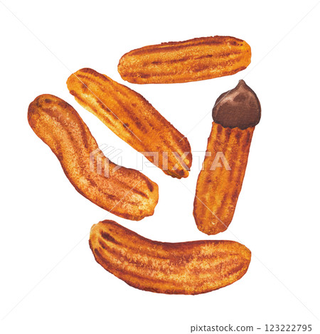 Watercolor collection of a fresh sugar churros isolated on a black background. Watercolor collection of a fresh sugar churros isolated on a black background. 123222795