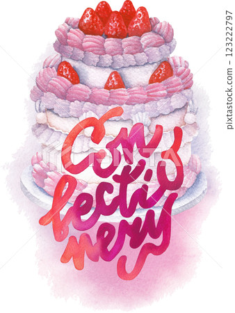Cute watercolor two-tiered cake decorated with cream and strawberries in white and pink colors. 123222797