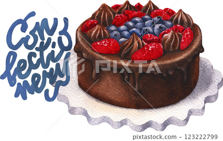 Cute hand-painted watercolor chocolate and berry glazed cake. 123222799