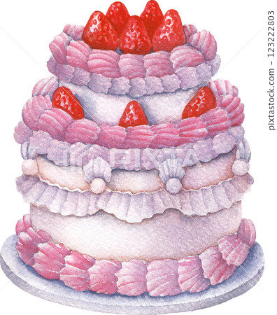 Cute watercolor two-tiered cake decorated with cream and strawberries in white and pink colors. 123222803