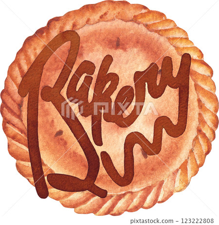 Bakery. A traditional watercolor closed round pie with a hand-lettered inscription on top. 123222808