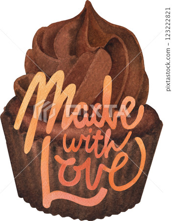 Made with love. A traditional watercolor cupcake with a whipped cream and a hand-lettered inscription Made with love. A traditional watercolor cupcake with a whipped cream and a hand-lettered inscription 123222821