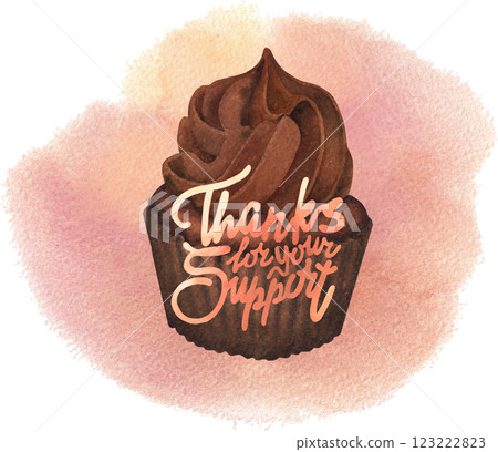 Thanks for your support. A traditional watercolor cupcake with a whipped cream and a hand-lettered inscription 123222823