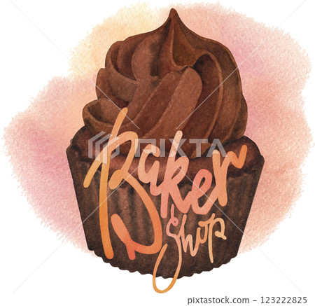 Baker shop. A traditional watercolor cupcake with a whipped cream and a hand-lettered inscription 123222825