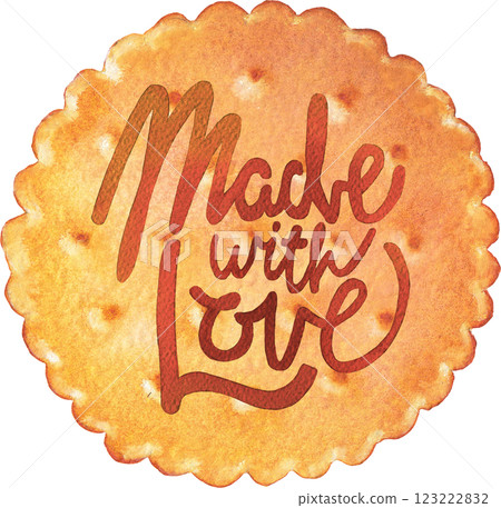 Made with love. A traditional watercolor simple circle cookie with a hand-lettered inscription on top Made with love. A traditional watercolor simple circle cookie with a hand-lettered inscription on top 123222832