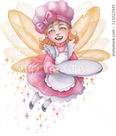 A charming watercolor illustration of a whimsical confectionery fairy carrying an empty circular plate 123222845