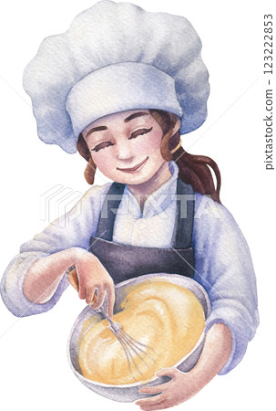 A cute smiling pastry girl in a chef's hat and apron is whipping cream or batter in a metal bowl A cute smiling pastry girl in a chef's hat and apron is whipping cream or batter in a metal bowl 123222853