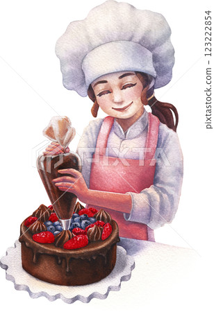 A cute girl in a chef's hat and apron is piping whipped cream onto a chocolate berry cake using a pastry bag 123222854