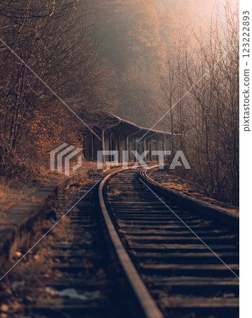 A nostalgic European abandoned train station illuminated by the morning sun 123222893