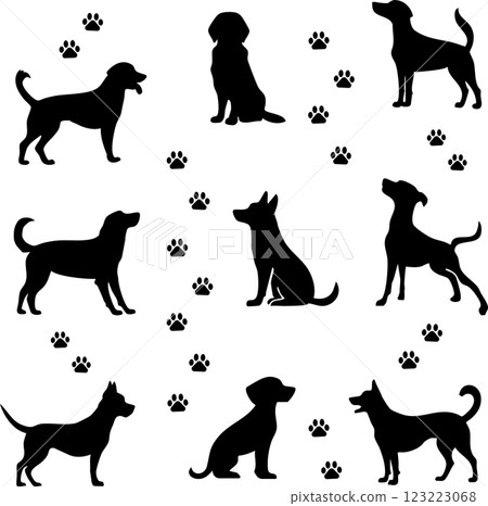 Set of dog silhouettes and paw prints 123223068
