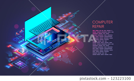 Laptop computer repair. Computer hardware technology. Repair, upgrade, maintenance laptop. Repair service notebook. Isometric concept. Disassembled laptop, motherboard, keyboard. Devices maintenance 123223100