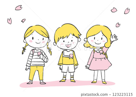 櫻花下背著書包的三名小學生 123223115