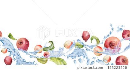 Cranberry lingonberry flying in water splash with green leaves and dew drops, hand drawn in watercolor, ripe summer forest berry. Isolated seamless banner for home preserves, stationery, recipe book 123223226
