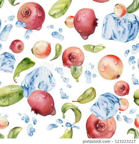 Cranberry lingonberry flying in water splash with ice cubes, drops and green leaves, hand drawn in watercolor, ripe summer forest berry. Isolated seamless pattern. Patchwork, cafe menu, farmers market Cranberry lingonberry flying in water splash with ice cubes, drops and green leaves, hand drawn in watercolor, ripe summer forest berry. Isolated seamless pattern. Patchwork, cafe menu, farmers market 123223227