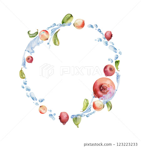 Lingonberry cranberry flying in water splash with green leaves and drops, red ripe forest berry bearberry teaberry hand drawn in watercolor. Isolated circle wreath frame for cafe menu, farmers market Lingonberry cranberry flying in water splash with green leaves and drops, red ripe forest berry bearberry teaberry hand drawn in watercolor. Isolated circle wreath frame for cafe menu, farmers market 123223233