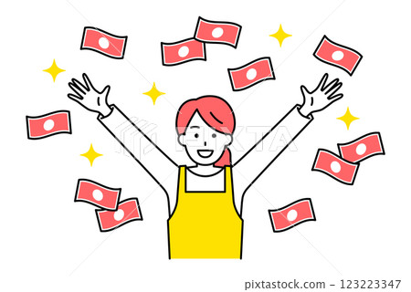 A woman in an apron is happy to receive a large sum of money 123223347