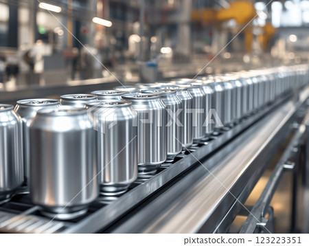 New aluminum cans moving along the conveyor belt in a beverage manufacturing factory. AI Generated. 123223351