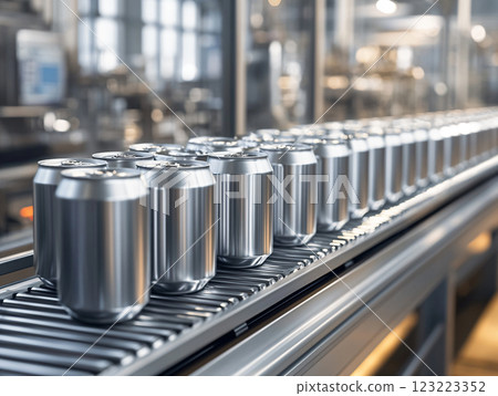 New aluminum cans moving along the conveyor belt in a beverage manufacturing factory. AI Generated. 123223352