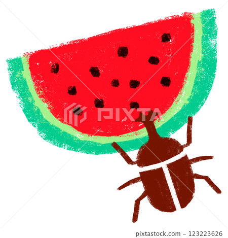 簡單插圖：蠟筆觸感：甲蟲和西瓜 123223626
