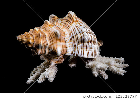 Trapezium Horse Conch on Coral black background Trapezium Horse Conch on Coral black background 123223757