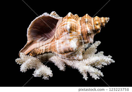 Trapezium Horse Conch on Coral black background 123223758