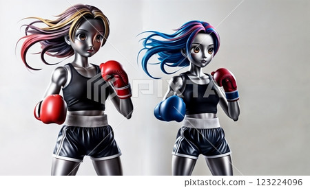 two futuristic robot boxers in dynamic emotional pose for sports related imagery 123224096