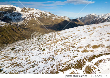 Aerial view of the snow-capped mountains in the Pyrenees Aerial view of the snow-capped mountains in the Pyrenees 123224193