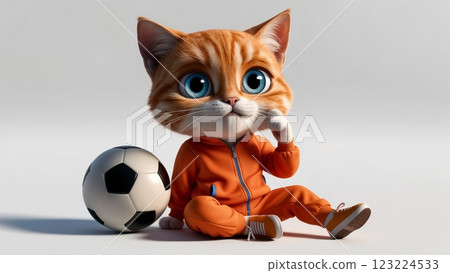 charming kitten dressed in orange sportswear with football on uncluttered background for advertising and marketing charming kitten dressed in orange sportswear with football on uncluttered background for advertising and marketing 123224533