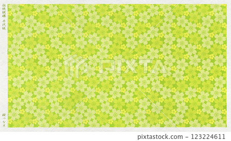 A stylish, modern Japanese paper with cherry blossoms in full bloom depicted in a woodblock print style 123224611