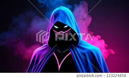 abstract glowing futuristic persona with neon hues on smoky background for tech and virtual reality designs 123224858