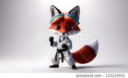 cute and active fox in a karate uniform performing a pose on a simple white background for fun design concepts cute and active fox in a karate uniform performing a pose on a simple white background for fun design concepts 123224932
