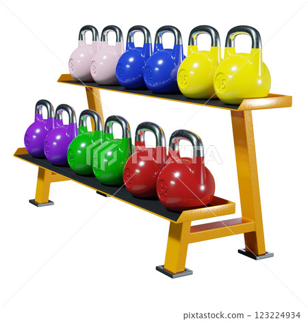 Gym rack with different Olympic kettlebells, cast iron powerlifting equipment Gym rack with different Olympic kettlebells, cast iron powerlifting equipment 123224934