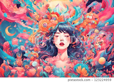 Abstract artwork with a young woman with her eyes closed in the center 123224959